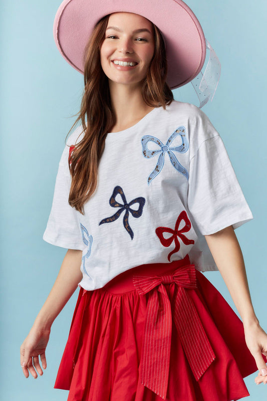 Embroidered Bow Lace Cropped Short Sleeve Top