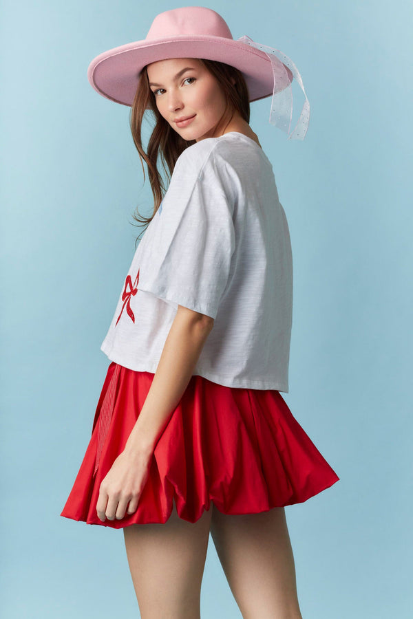 Embroidered Bow Lace Cropped Short Sleeve Top