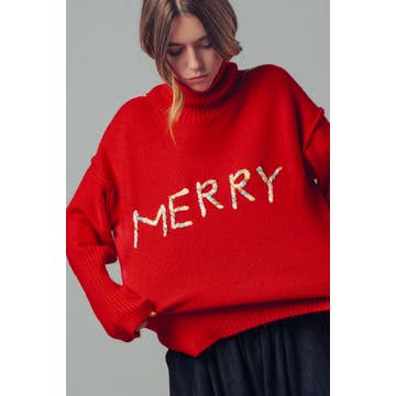 Textured "Merry" Graphic Boxy Turtleneck