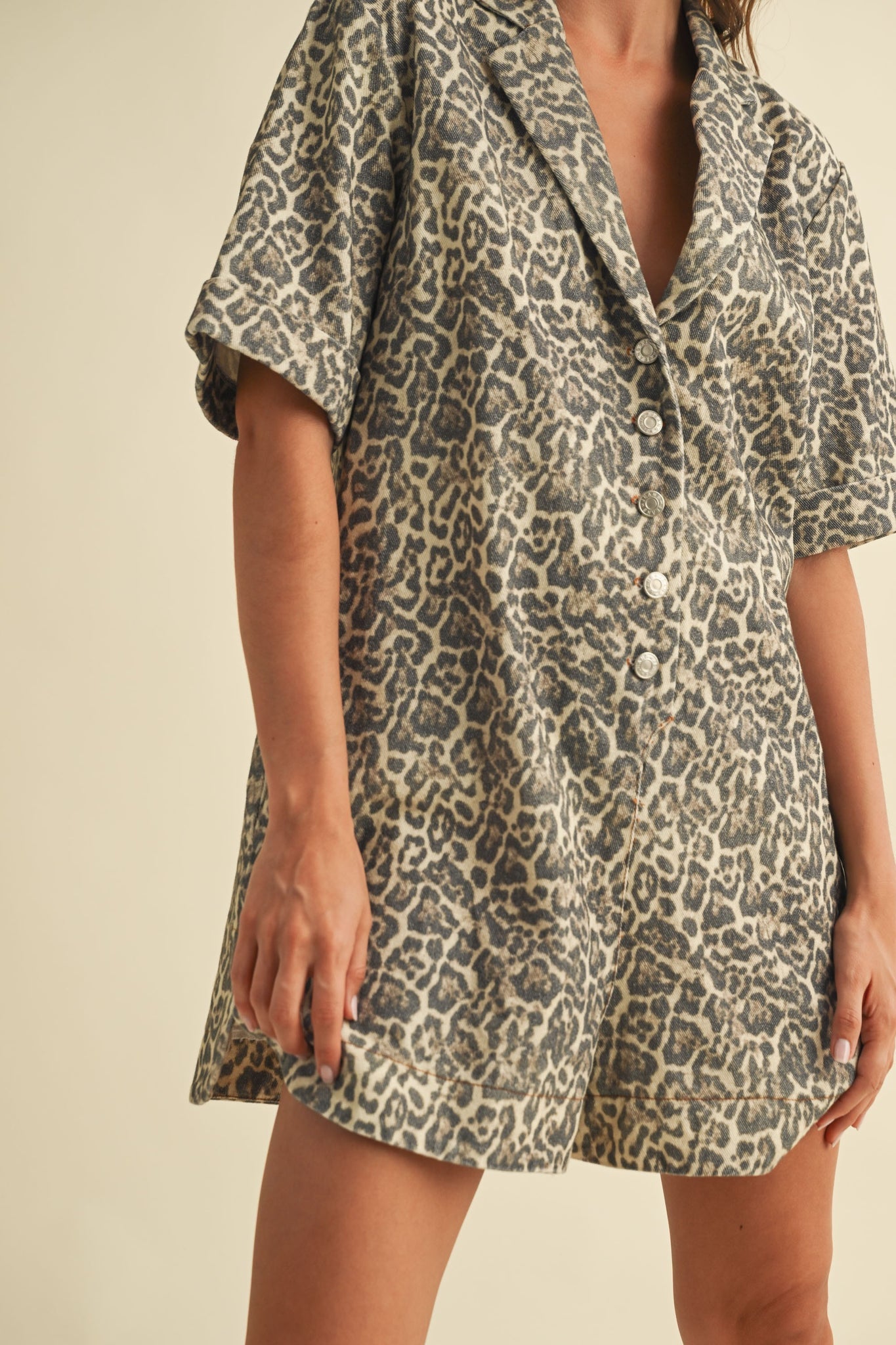 Short Sleeve Relaxed Fit Romper | Leopard