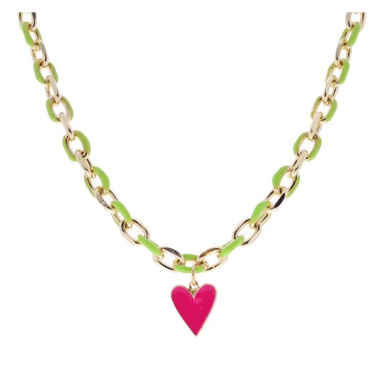 Kids Lime Green Chain and Hot Pink Enamel Heart Necklace
