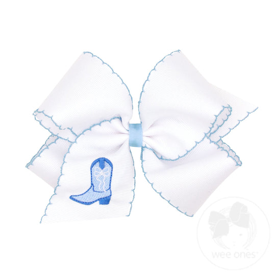 Medium Grosgrain Hair Bow with Moonstitch Edge and Blue Cowgirl Boot Embroidery | Blue