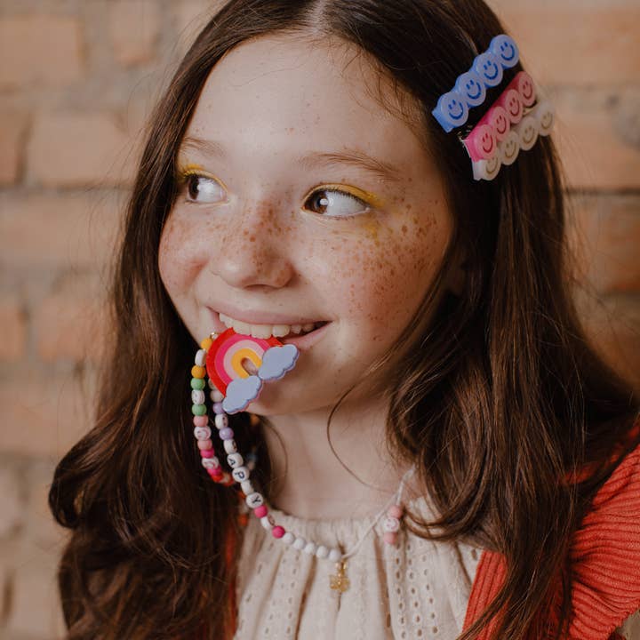 Happy Faces Satin Blue White Pink Hair Clips