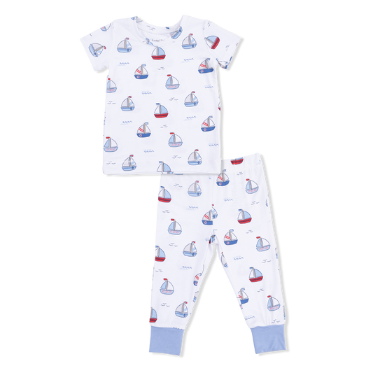 Short Sleeve Loungewear Set | Bubbly Sailboats Blue