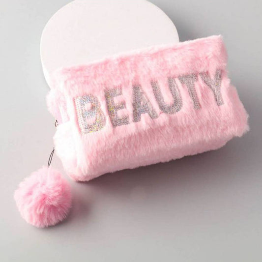 Beauty Letter Decorated Furry Cosmetic Bag