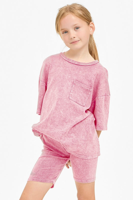 Mineral Washed Top and Biker Shorts Set | Pink