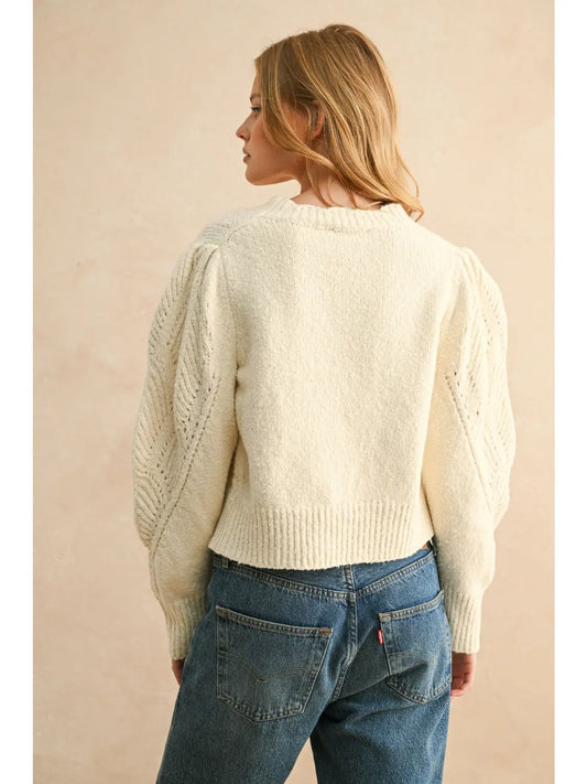 Scalloped Detailed Puff Shoulder Sweater Top | Biege