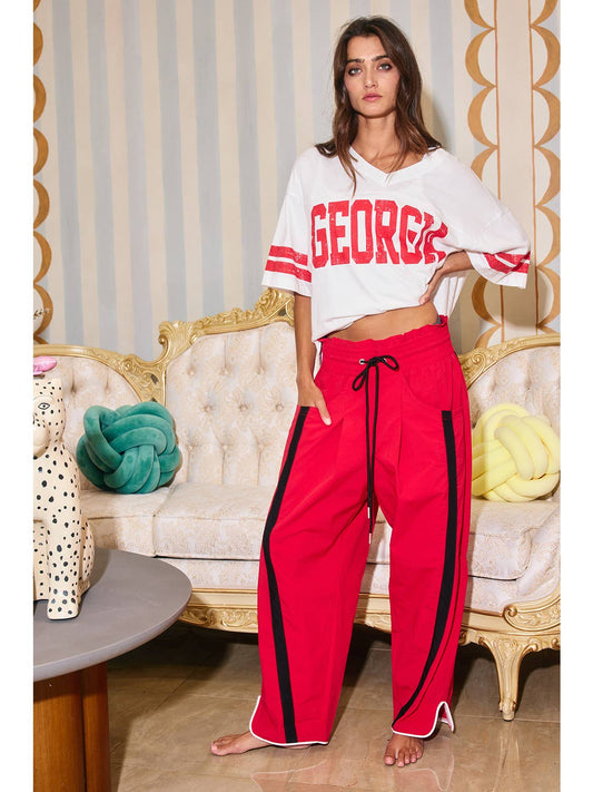 Windbreak Pants w Contrast Stripe | Red & Black