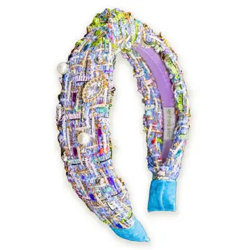 Embellished Knot Headband - Tweed Rhinestone Pearl Blue