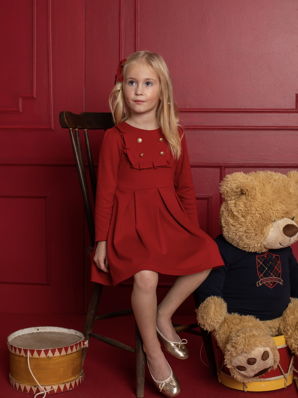 Girls Red Knit Dress With Gold Button Detail