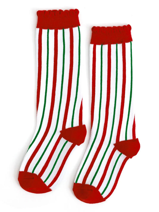 Candy Cane Striped Scalloped Knee High Socks