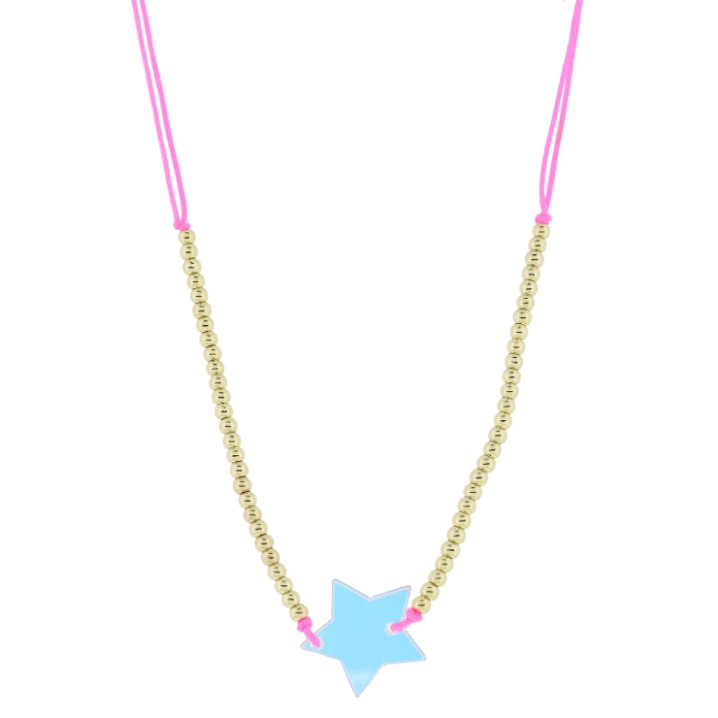 Neon Pink Cord Beaded + Acrylic Star Necklace