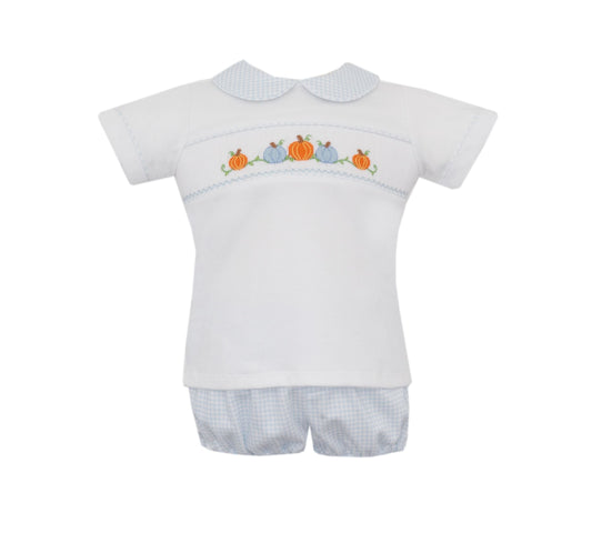 Smocked Pumpkins | Blue Gingham Knit Set