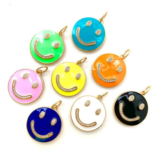 1" Enamel Smiley Pendant with Pavé Accents | Orange, Turquoise, Yellow, Pink or White
