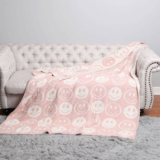 Happy Face Patterned Throw Blanket | Pink