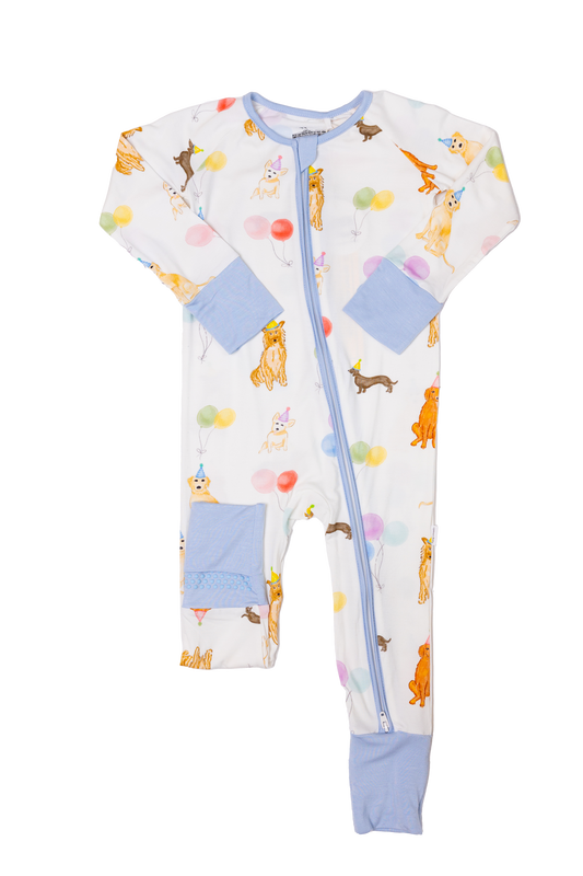 Sleep Romper | Dog Party Blue