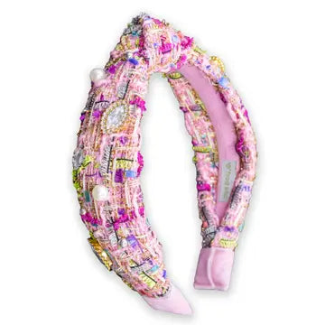 Embellished Knot Headband - Tweed Rhinestone Pearl Pink