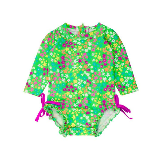 Baby Girls Neon Floral Long Sleeve One Piece Rash Guard | Green