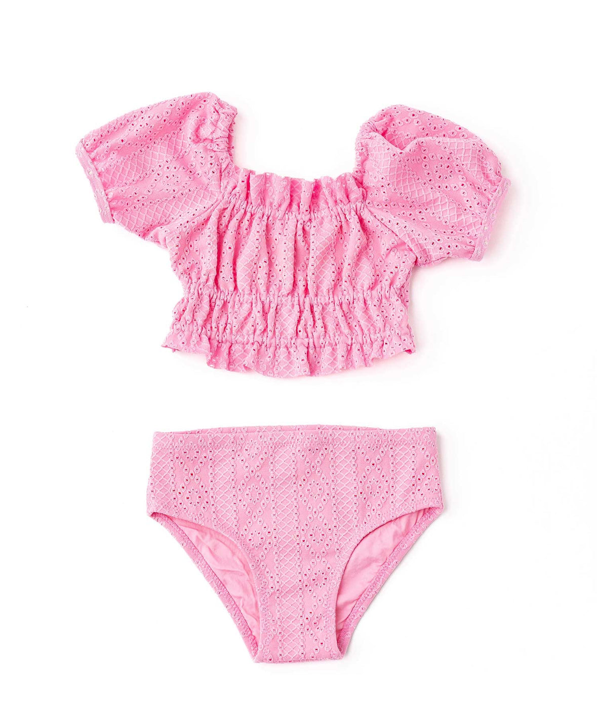 Eyelet Smocked Puff Sleeve Girls Two-Piece Swimsuit | Pink