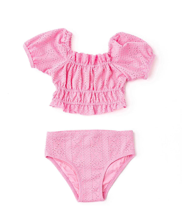 Eyelet Smocked Puff Sleeve Girls Two-Piece Swimsuit | Pink