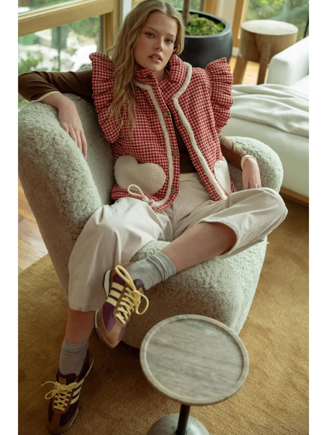 Gingham Pattern Sherpa Heart Pocket Vest | Red