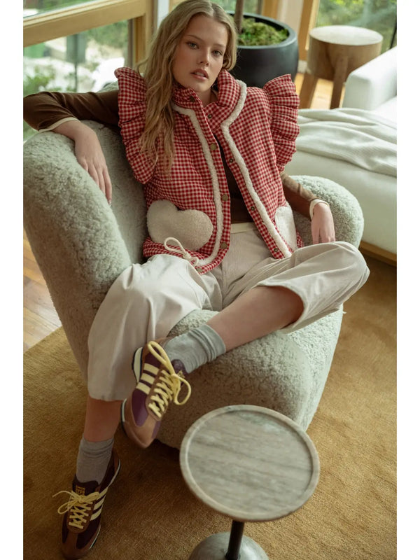 Gingham Pattern Sherpa Heart Pocket Vest | Red