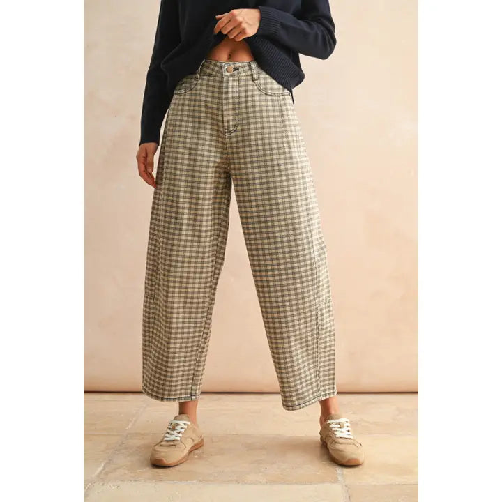 Mini Checker Pattern Barrel Pants | Tan/Brown