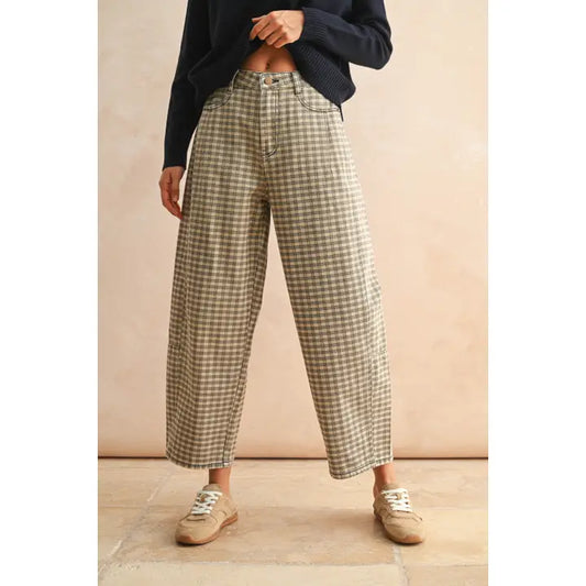 Mini Checker Pattern Barrel Pants | Tan/Brown