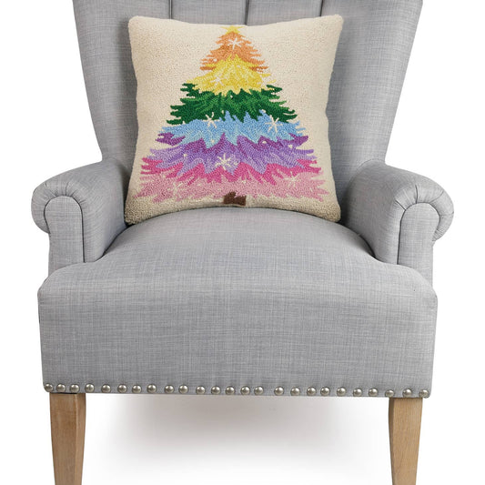 Pink Christmas Tree Hooked Pillow