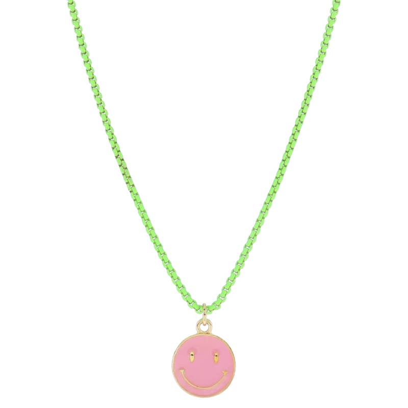 Kids Lime Green Box Chain with Pink Happy Face Necklace