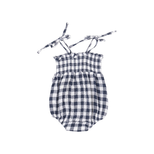 Tie Strap Smocked Bubble | Gingham Navy