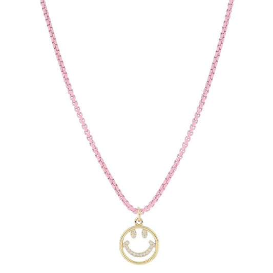 Kids Light Pink Box Chain with Gold Happy Face Necklace