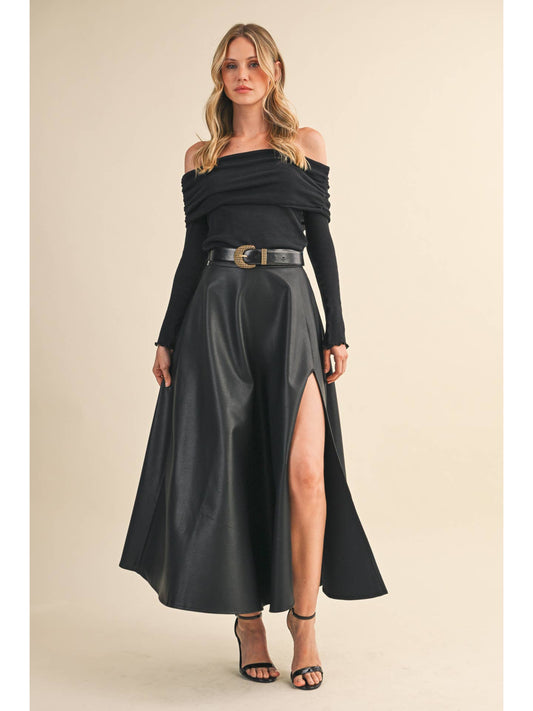 Leather A-Line Maxi Skirt with High Slit | Black