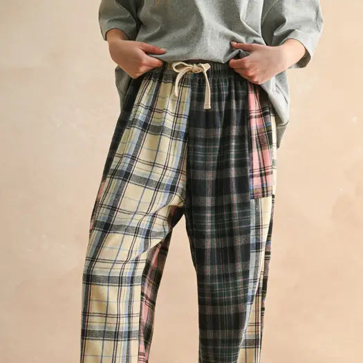 Mixed Plaid Fabric Drawstring Pant