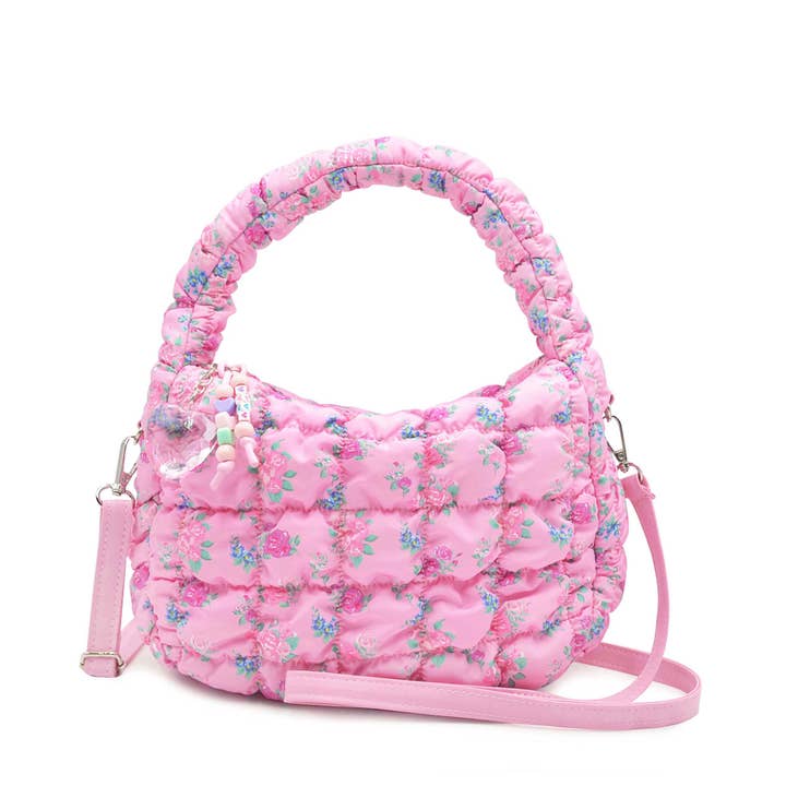 Quilted Scrunchies Floral Printed Mini Hobo Crossbody Bag | Pink