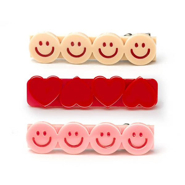 Happy Faces Hearts Pink Red Hair Clips