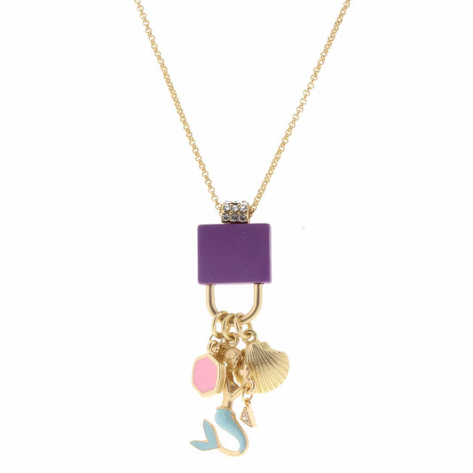 Kids Purple Lock with Mermaid, Shell Charms Necklace