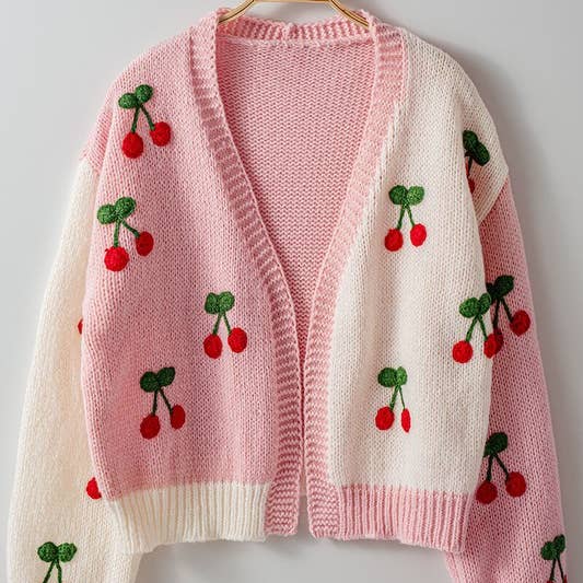 Cherry Paradise Crochet Knit Cardigan | Pink