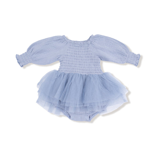 Long Sleeve Smocked Bubble with Tutu | Soft Chambray