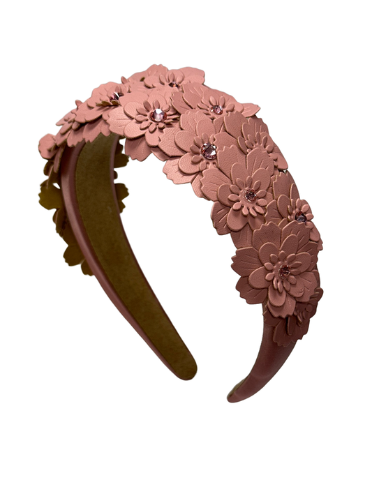 Leather Floral Headband with Stones | Pink