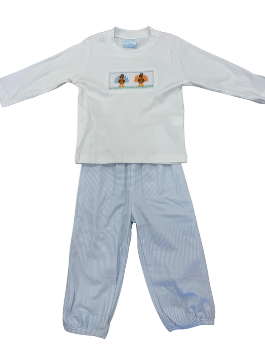 Smocked Turkey | Blue Knit Long Sleeve Set