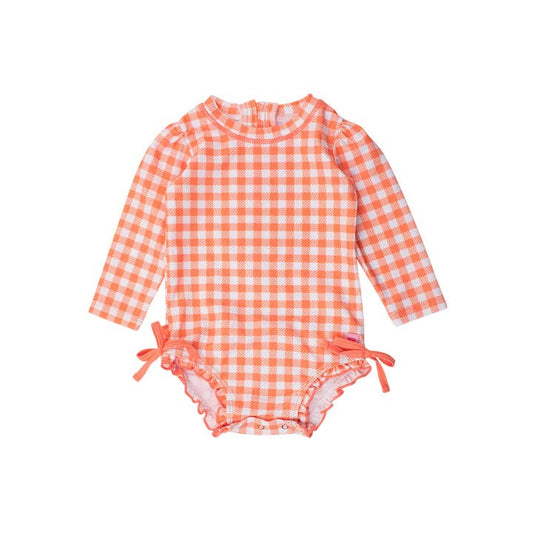 Baby Girls Gingham Long Sleeve One Piece Rash Guard | Coral