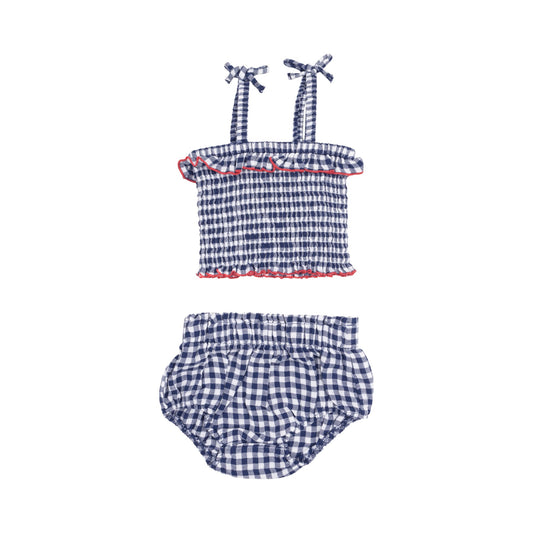 Smocked Ruffle Top and Bloomer | Navy Gingham