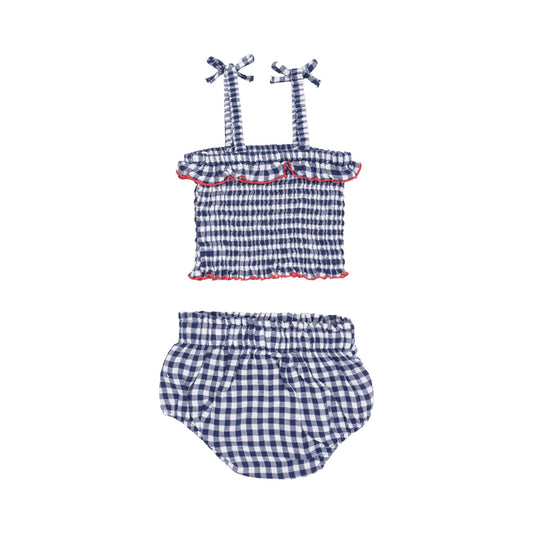 Smocked Ruffle Top and Bloomer | Navy Gingham