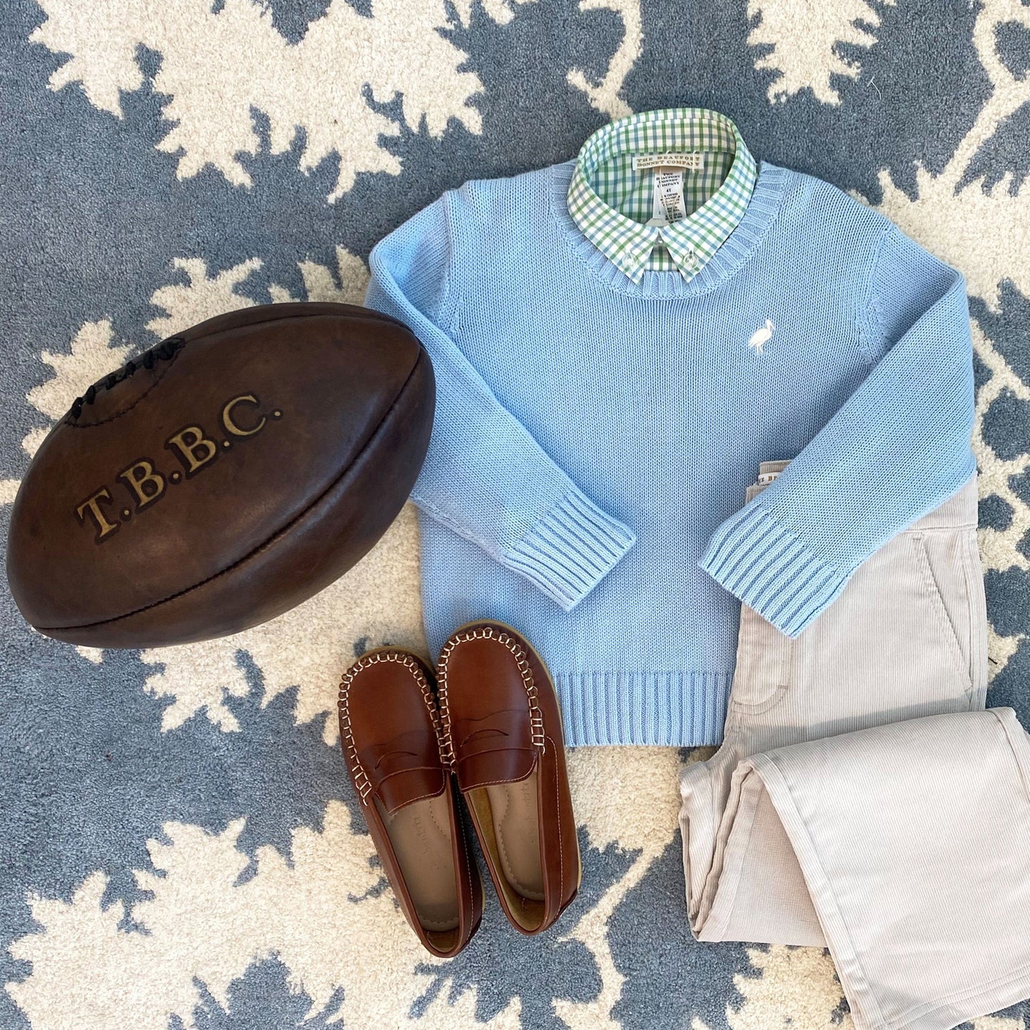 Isaac's Sweater (Unisex) Barrington Blue With Palmetto Pearl Stork