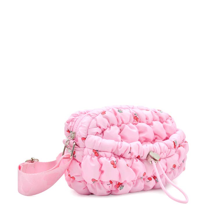 Quilted Scrunchies Printed Mini Drawstring Crossbody Bag | Pink Cherry Print