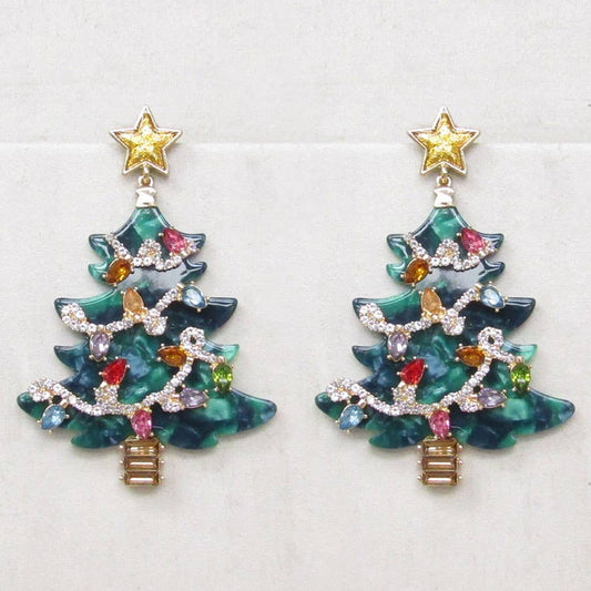 Christmas Tree with Stones Post Earrings | Green