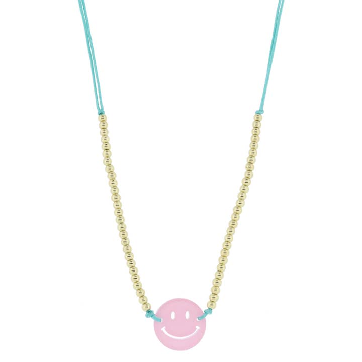 Turquoise Cord Beaded + Acrylic Smiley Necklace