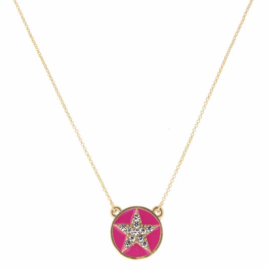 Kids 14" Crystal Star On Pink Enamel Circle Necklace