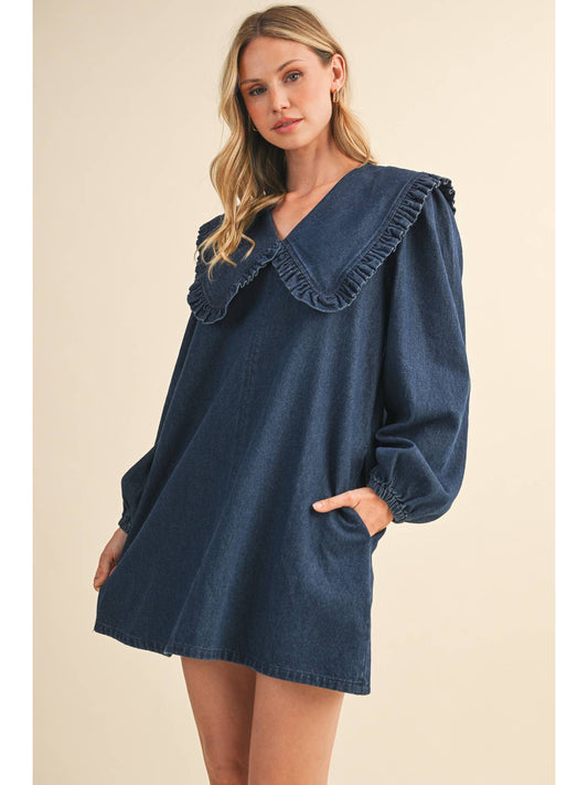 Long Sleeve Relaxed Fit Ruffled Collar Denim Dress